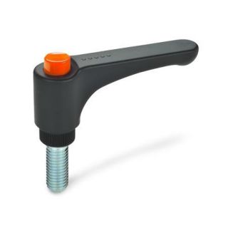 GN-600-Flat-adjustable-hand-levers-with-releasing-button-plastic-threaded-stud-steel-DOR-Orange-RAL-2004-shiny-finish