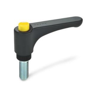 GN-600-Flat-adjustable-hand-levers-with-releasing-button-plastic-threaded-stud-steel-DGB-Yellow-RAL-1021-shiny-finish