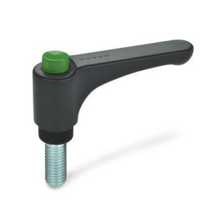 GN-600-Flat-adjustable-hand-levers-with-releasing-button-plastic-threaded-stud-steel-DGN-Green-RAL-6017-shiny-finish